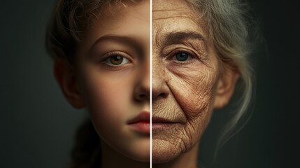 Wall Mural - portrait of a person, their face split in the middle. One side shows their youthful self, while the other shows them aged