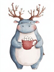 Whimsical hippo with antlers holding a hot cocoa mug