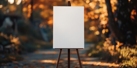 empty board on a canvas stand, at an autumn wedding 