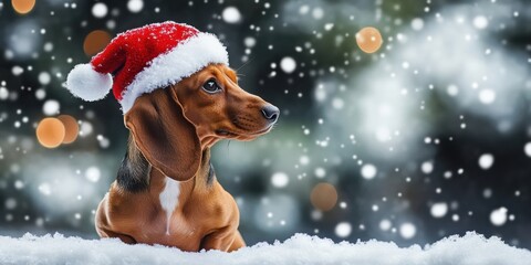  Dachshund Dog pupy back in the snow background Merry Chirstmas 