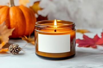 Scented candle mockup with white sticker, space for branding, on background with pumpkins and autumn leaves