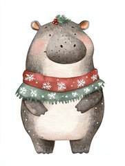 Cute hippo character in festive winter attire