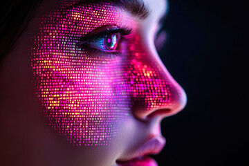 Wall Mural - A woman's face is overlaid with digital binary code, lit by a vibrant pink and blue light, representing the fusion of human and technology in a digital age.