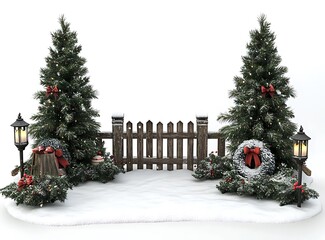 Wall Mural - An image of white snow with tall trees, lanterns, and a wooden fence. In the middle is a wreath with a garland wrapped around it. On each side, there are two pine trees with lights 