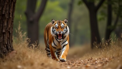 Wall Mural -  Wild beauty in motion  A majestic tiger strides through its natural habitat