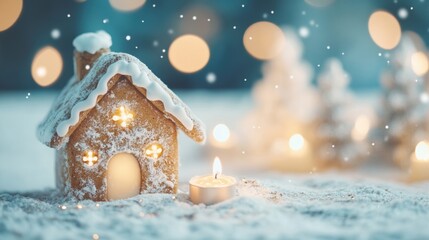 Wall Mural - The gingerbread house features festive decor and glowing candles, creating a warm ambiance in a snowy winter landscape