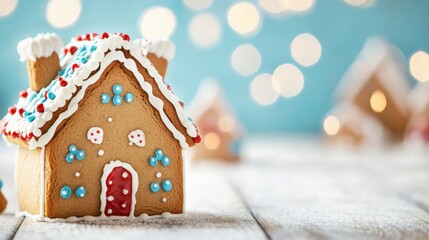 Wall Mural - Festively decorated gingerbread houses are arranged on a wooden surface with twinkling lights in the background