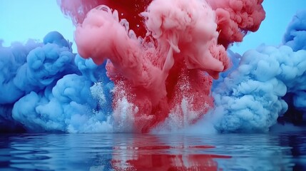 Wall Mural - red and blue ink clouds swirl beautifully together underwater, producing stunning patterns in a sere