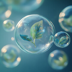 a visually striking image of floating cells with green leaves inside, creating serene and tranquil a