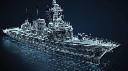 A digital rendering of a naval ship with technical overlays illustrating its design.