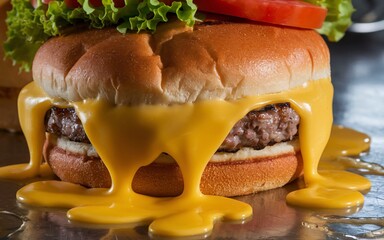 Cheese Close-up of a cheeseburger with melted cheese dripping down the side.