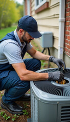 HVAC technician repairing air conditioning unit outdoors