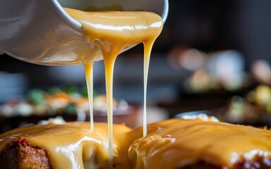 Cheese Golden sauce being poured over two breaded and deep fried food items, close-up shot.