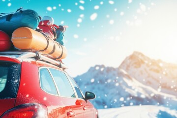 family car packed with luggage and winter gear, winding through a snowy mountain pass, distant peaks covered in snow. Wide shot, bright natural light, adventurous