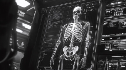 The holograph of a skeleton standing in front of a computer screen