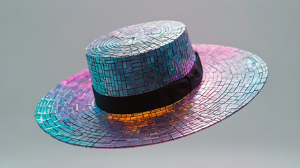 vibrant, abstract geometric hat floats gracefully against soft background, showcasing stunning blend of colors and intricate patterns that evoke sense of creativity and style