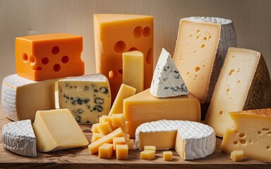 Cheese Assortment of different types of cheeses on a wooden board.