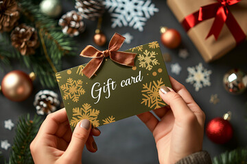 Woman holding in hands gift card for a Christmas holidays. Nicely decorated voucher with xmas decorations, perfect present for winter holidays. 