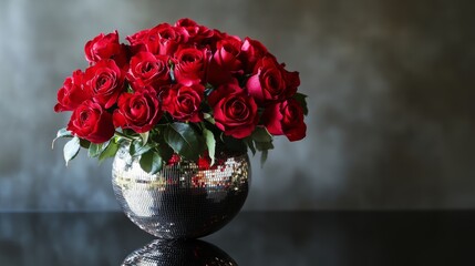 Poster - Bouquet of red roses blooming in silver vase