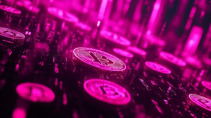 A futuristic presentation of digital currency, featuring glowing coins or symbols floating in mid-air. The symbols are illuminated with a vibrant pink light, creating a radiant and eye-catching effect