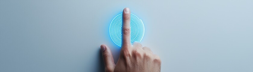 Wall Mural - A hand interacting with a glowing blue touch interface on a gray background.