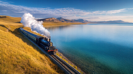 vintage train chugs along scenic lakeside, surrounded by rolling hills and mountains. steam billows into clear sky, creating picturesque and tranquil atmosphere