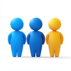 Three people standing in a row, one blue, one yellow, and one blue