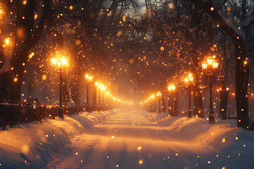 Street lamps illuminating a quiet, snow-covered street in the evening, with soft shadows and snow gently falling, creating a peaceful winter scene.

