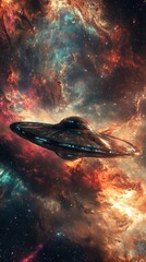Wall Mural - alien spaceship flying through colorful nebula in deep space