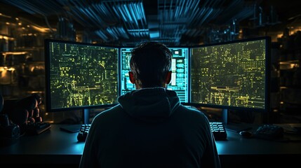 Programmer coding intensely, face not visible from behind due to the monitor