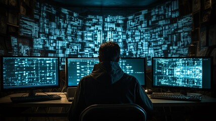 Programmer focused on code, face hidden by multiple monitors