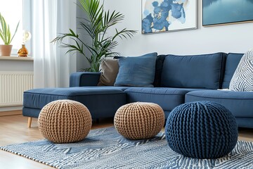 Living room interior design with two knitted poufs near dark blue corner sofa