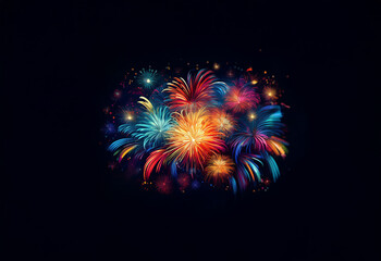 Poster - A cluster of colorful fireworks burst against a dark, isolated background.