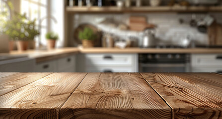 Poster - A beautiful, empty wooden table top on a blurred kitchen background, suitable for product display. The wooden countertop is in focus, with the kitchen interior blurred out behind it.