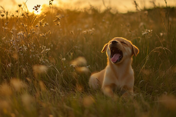 Laughing puppy sitting in garden surrounded by wildflowers