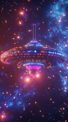 Wall Mural - alien spaceship hovering in deep space with nebula background
