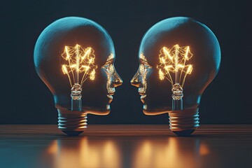 Creative unity partnership light bulb as two groups of lightbulb objects shaped as a human head joining together for a team project as a concept of inspiration. with generative ai