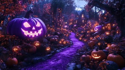 Whimsical Halloween wonderland with giant purple jack-o'-lantern