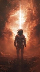 Wall Mural - astronaut exploring new planet with glowing nebula background