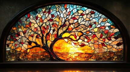 Poster - Stained glass window depicting a tree at sunset