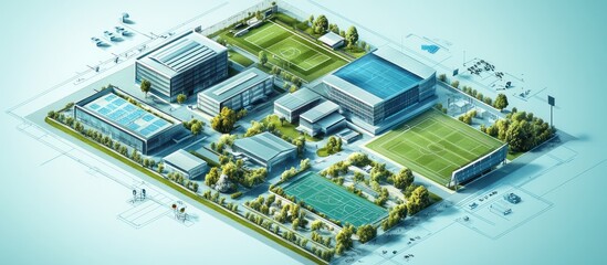 Wall Mural - Isometric view of a modern sports complex with a soccer field, tennis courts, a swimming pool, and various buildings.
