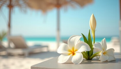 Poster -  Tranquil beach setting with vibrant flowers