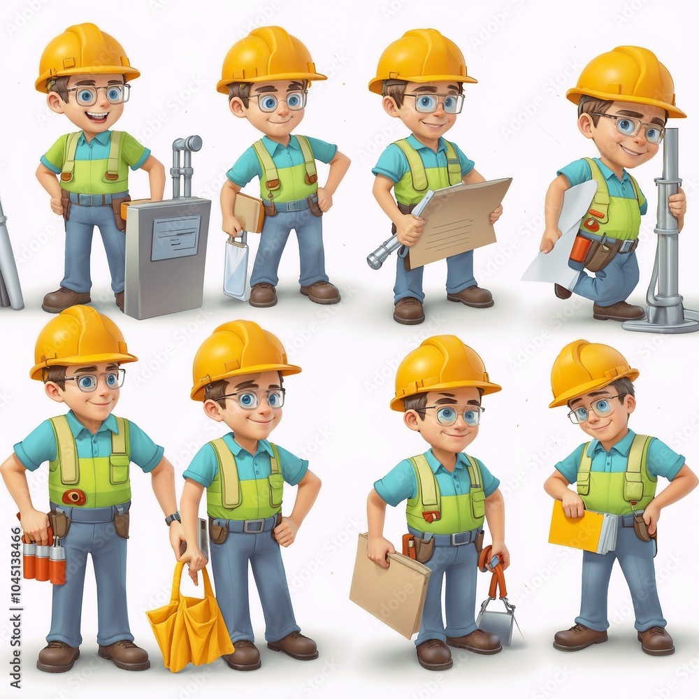 Cartoon of an engineer wearing work clothes, which includes a yellow ...