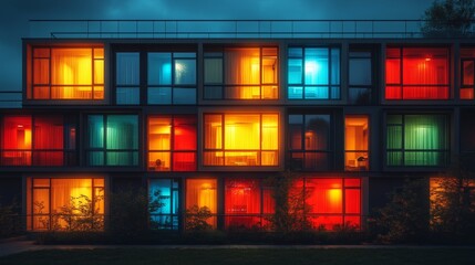 Canvas Print - Modern apartment building at night showing colorful illuminated windows