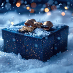 A dark blue box present sitting in the snow, with snowflakes, baubles in the snow, lit from above.