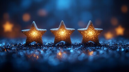 Wall Mural - three glowing golden stars standing on glitter celebrating success
