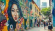 © Ali - Colorful mural, woman's face, city alley, people walking.