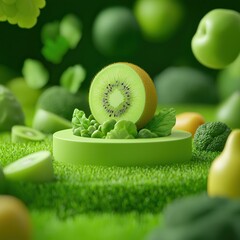 Poster - Green Kiwi Fruit on a Green Background.