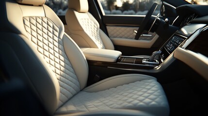 Closeup of a luxurious car interior with beige leather seats featuring a diamond pattern and a wooden trim.