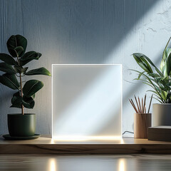 Poster - A square acrylic LED light mockup with white lighting and shadows, featuring a blank acrylic square on the front face of the lamp in a front view. a plain background color.